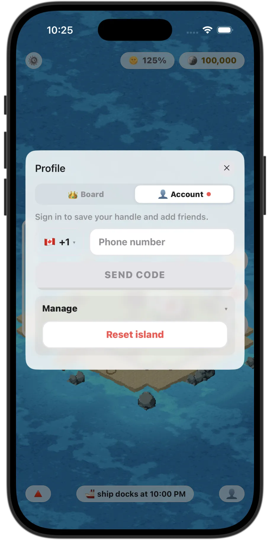 The Account tab when signed out, with Manage open to show Reset island.