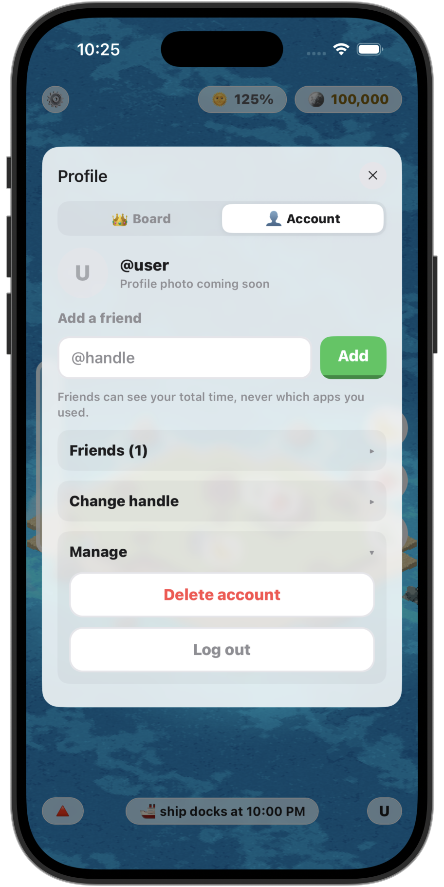 The Account tab, with Manage open to show Delete account.