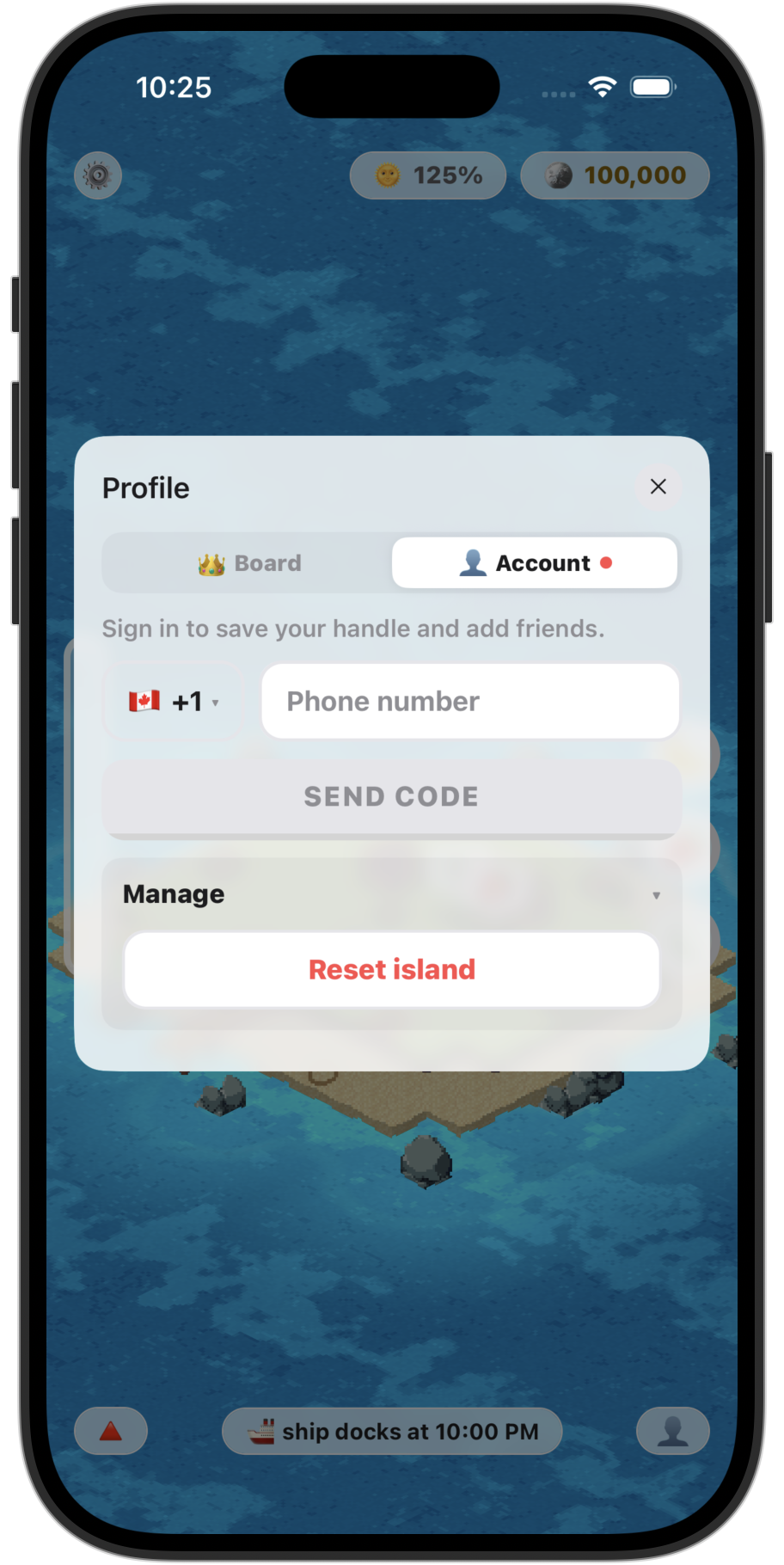 The Account tab when signed out, with Manage open to show Reset island.